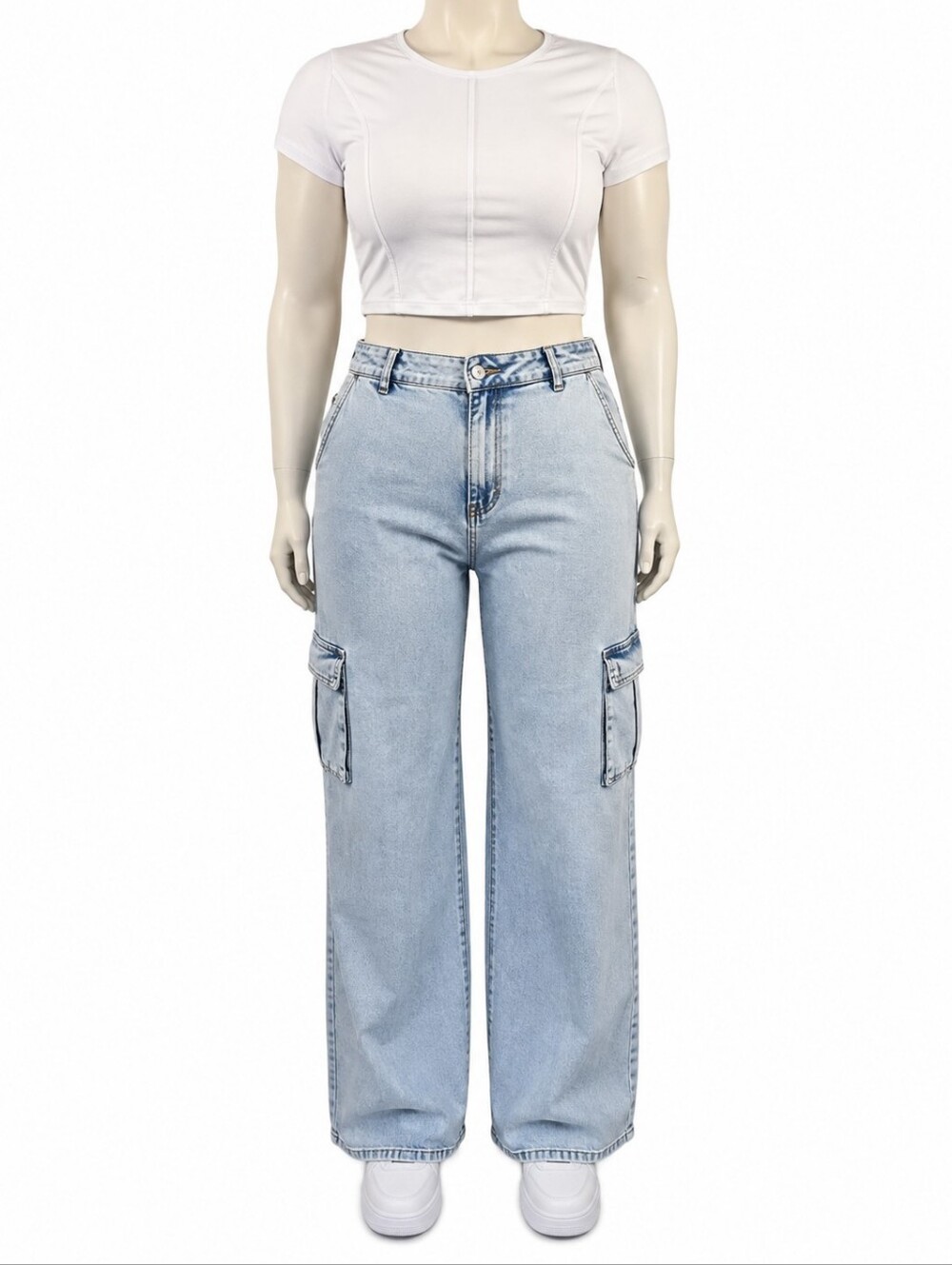 Risen Plus Size Cargo Pockets Wide Leg Jeans 1XL Light Wash High Rise NWT